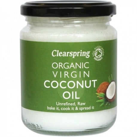 Clearspring Ulei de Cocos Virgin Eco 200g, borcan sticlă, etichetă verde, sigilat negru.