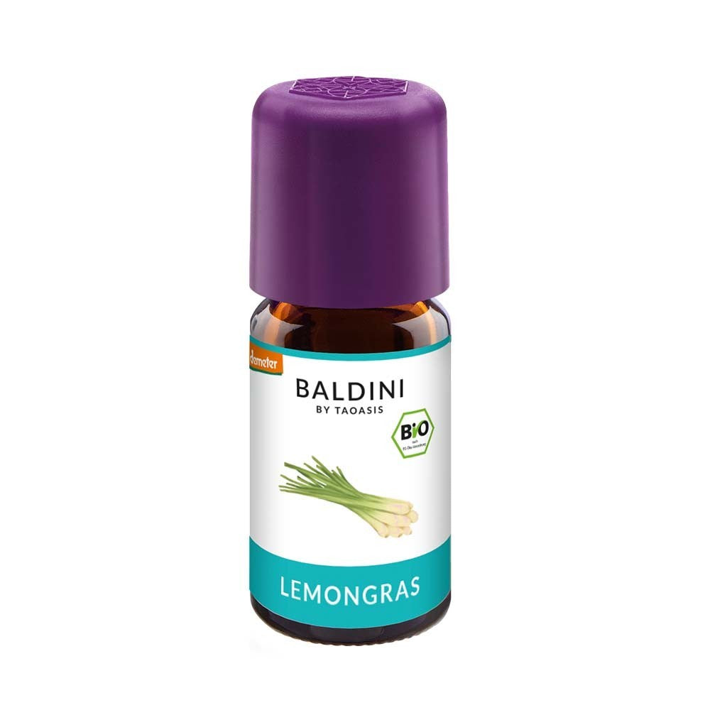 Ulei esențial de lemongrass Baldini 5ml, capac mov, etichetă albă cu logo bio.