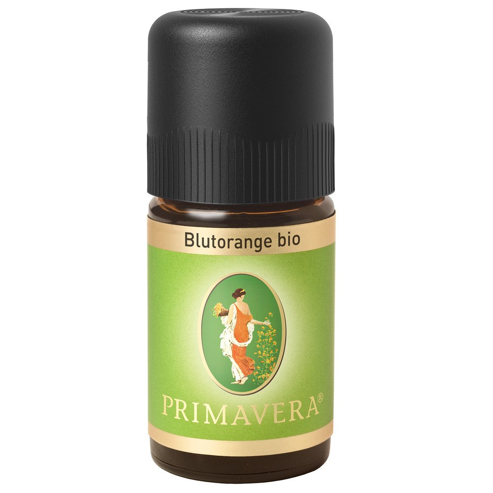 Sticlă ulei esențial portocale roșii bio Primavera Life 5ml, etichetă verde, capac negru.