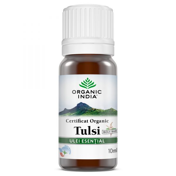 Ulei esențial Tulsi Organic India, 10ml, sticlă brună, capac alb, etichetă verde și albă.