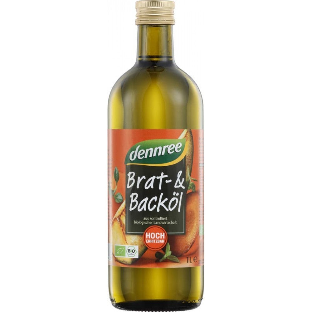 Ulei bio de floarea soarelui Dennree, sticlă 1L, etichetă portocalie.