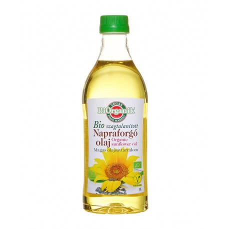 Ulei floarea-soarelui presat la rece eco 1l Biorganik, etichetă albă, capac verde.