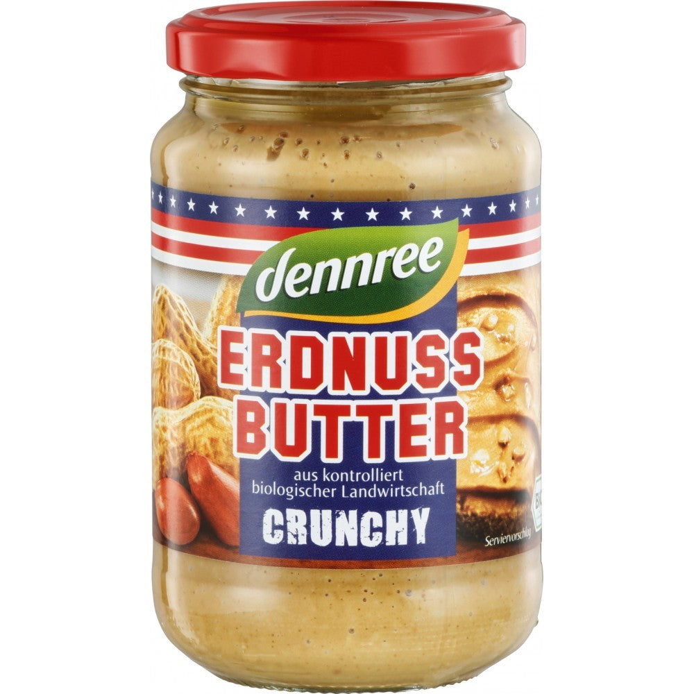 Unt de arahide crocant bio Dennree 350g cu capac roșu și etichetă albastră.