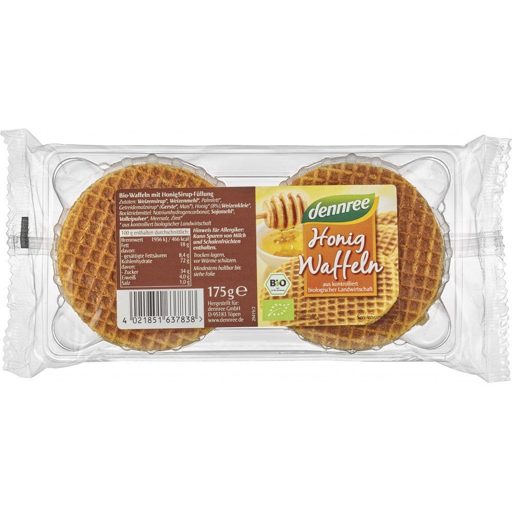 Vafe bio cu miere dennree, ambalaj transparent, culoare maro auriu.