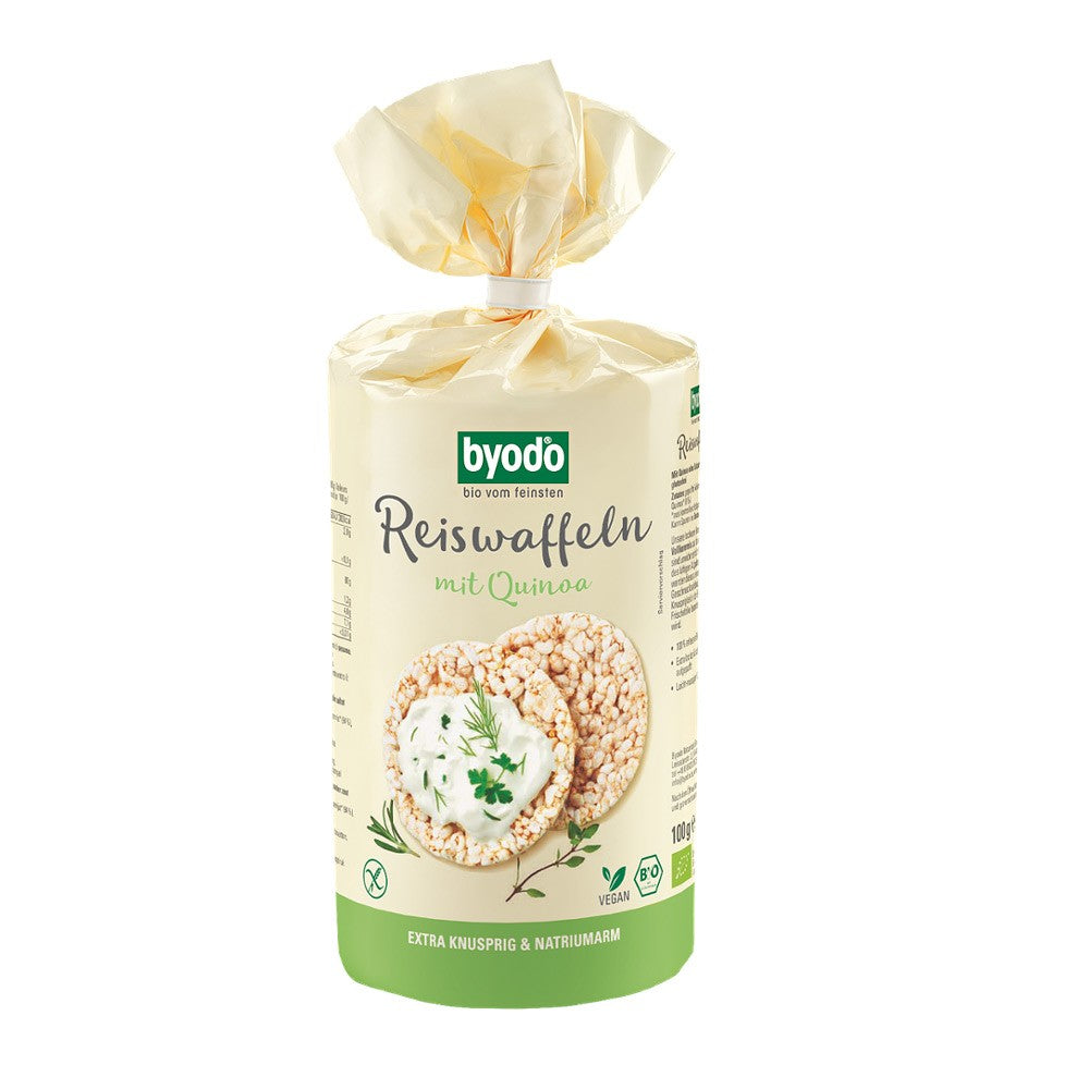 Vafe de orez cu quinoa fără gluten byodo, ambalaj crem, 100g, sigilat.