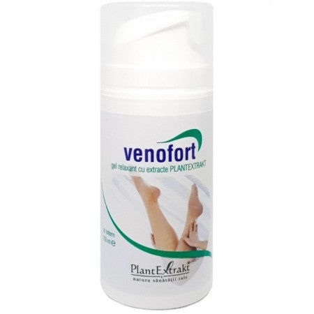 Venofort gel relaxant 100ml, Plantextrakt, ambalaj alb cu eticheta albastră și verde.