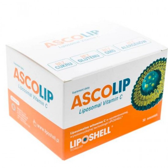 Cutie Vitamina C Lipozomală ASCOLIP 1000mg alb-portocaliu, vedere laterală, 30 plicuri