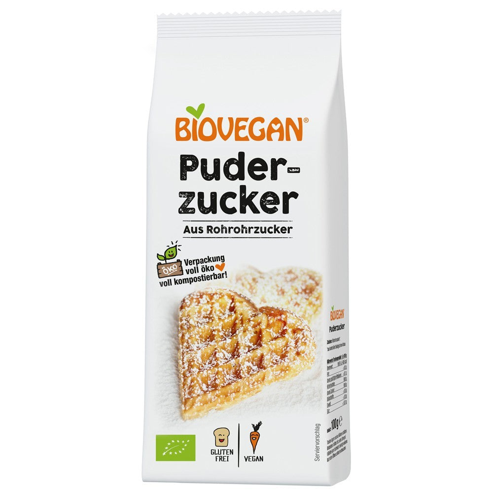 Zahar pudra ecologic BioVegan 100g, pachet reumplere, design alb.
