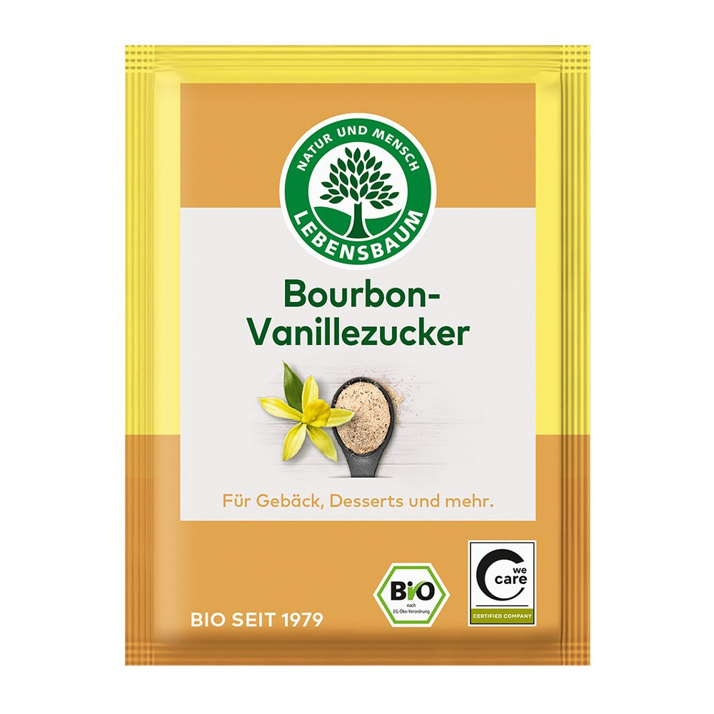 Zahar vanilat bio 4x8g ambalaj galben și maro, logo Lebensbaum, linguriță cu zahăr.