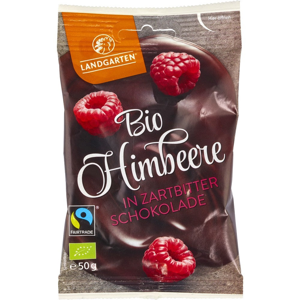 Zmeură liofilizată în ciocolată amăruie bio fără gluten, 50g, Landgarten, ambalaj.