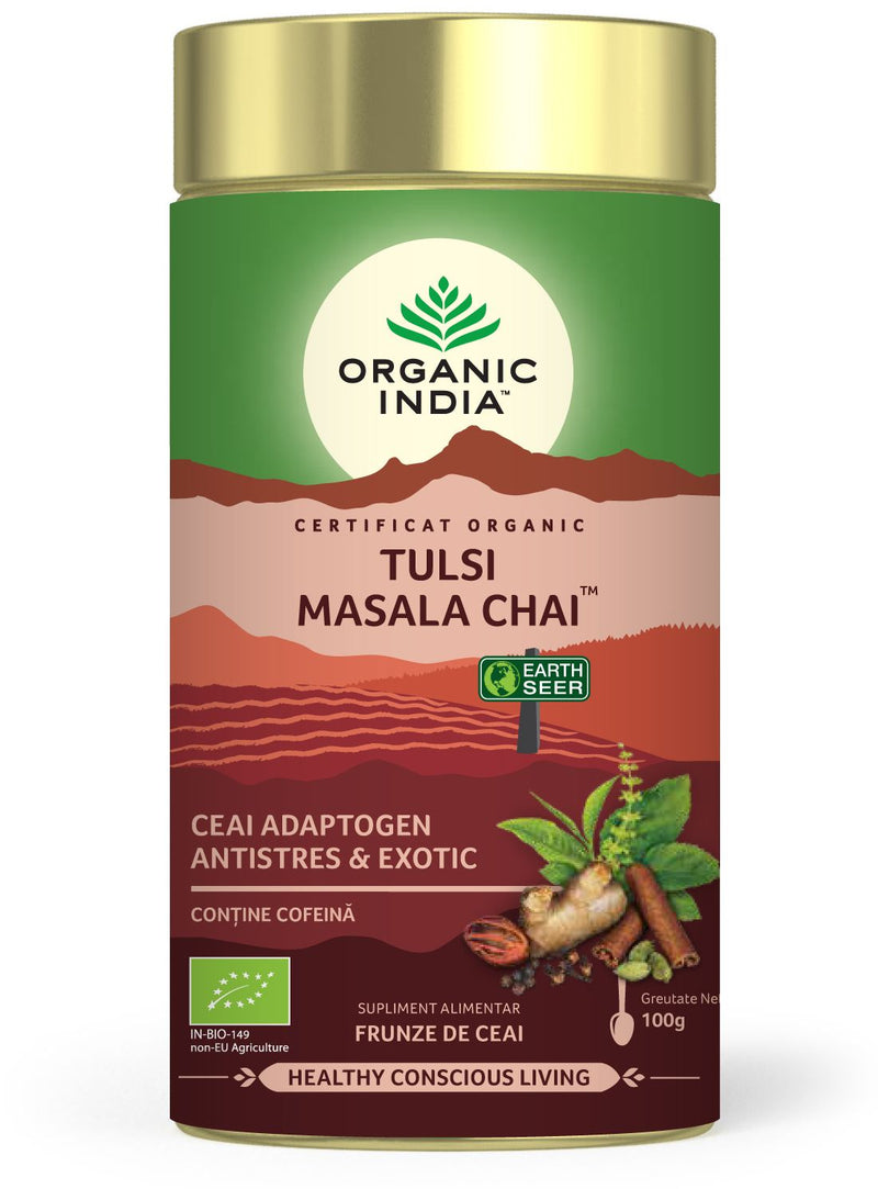 Tulsi (Busuioc Sfant) Masala Chai - Relaxant & Regenerant, cutie 100g, organic india 1
