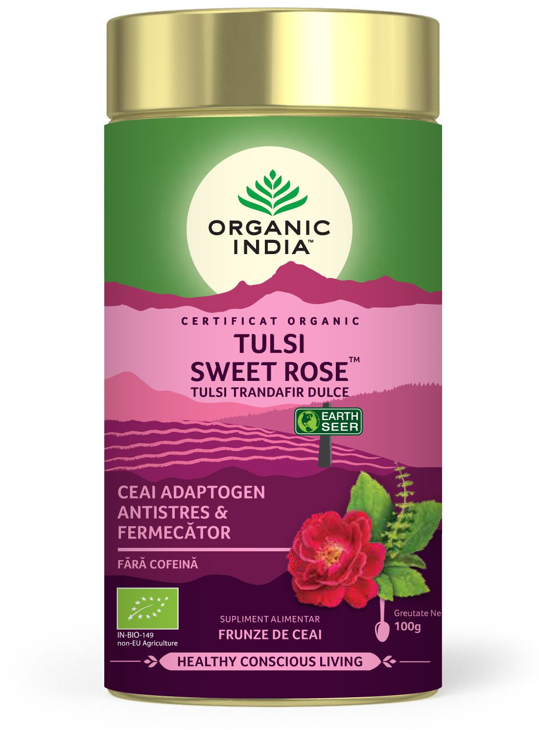 Ceai Tulsi (Busuioc Sfant) Trandafir Dulce - Antistres & Fermecator, cutie 100g, organic india