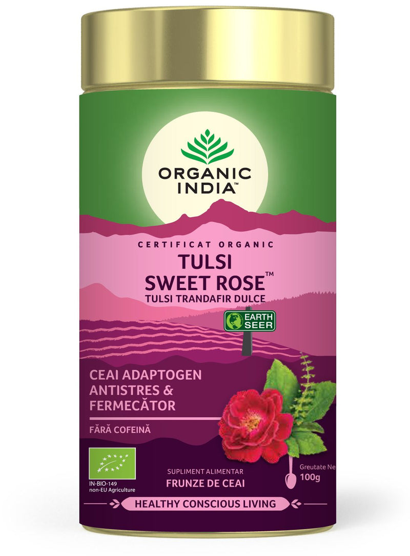 Ceai Tulsi (Busuioc Sfant) Trandafir Dulce - Antistres & Fermecator, cutie 100g, organic india 1