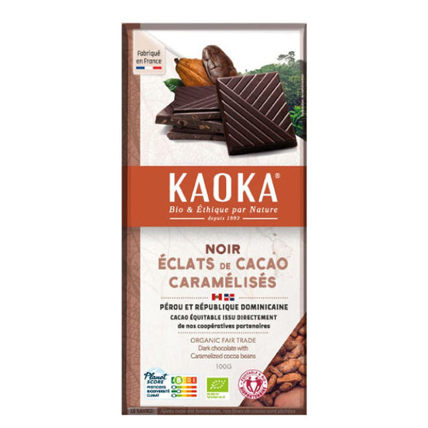  Ciocolată neagră 70% cu boabe de cacao caramelizate 100g, BIO, KAOKA