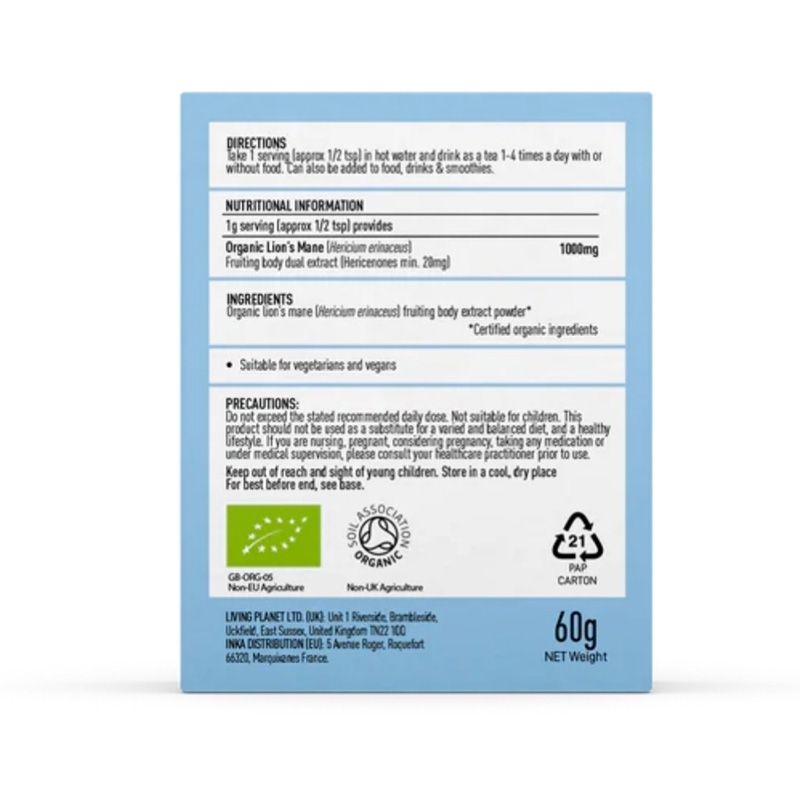 Organic Lions Mane 1000 mg Pure Grade Extract Powder (60grame), MushroomsForLife