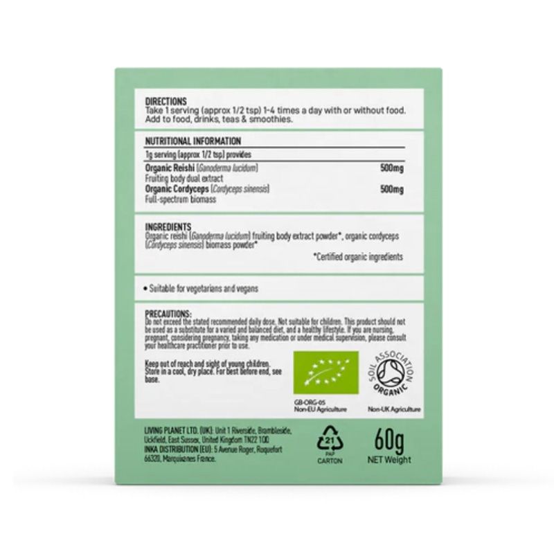 Organic Myco O2 Reishi si Cordyceps 1000 mg Pure Grade Extracts Powder (60 grame), MushroomsForLife