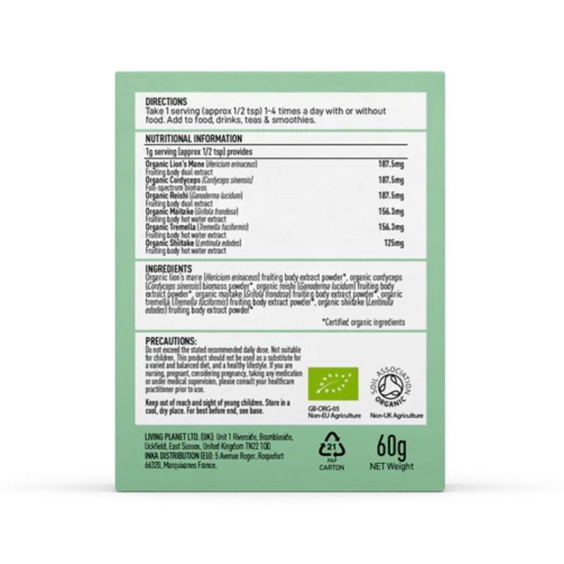 Organic Myco Synergy 6 ciuperci 1000 mg Pure Grade Extracts Powder (60 grame), MushroomsForLife