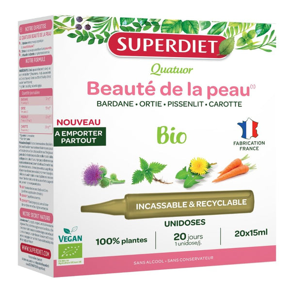  4 PLANTE PENTRU SANATATEA PIELII BIO, 20 FIOLE DIN PP x 15ml, SUPERDIET