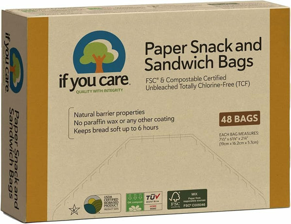  Pungi de hartie nealbita pentru sandwich si snacks, fara clor, compostabile, 48 buc, If You Care