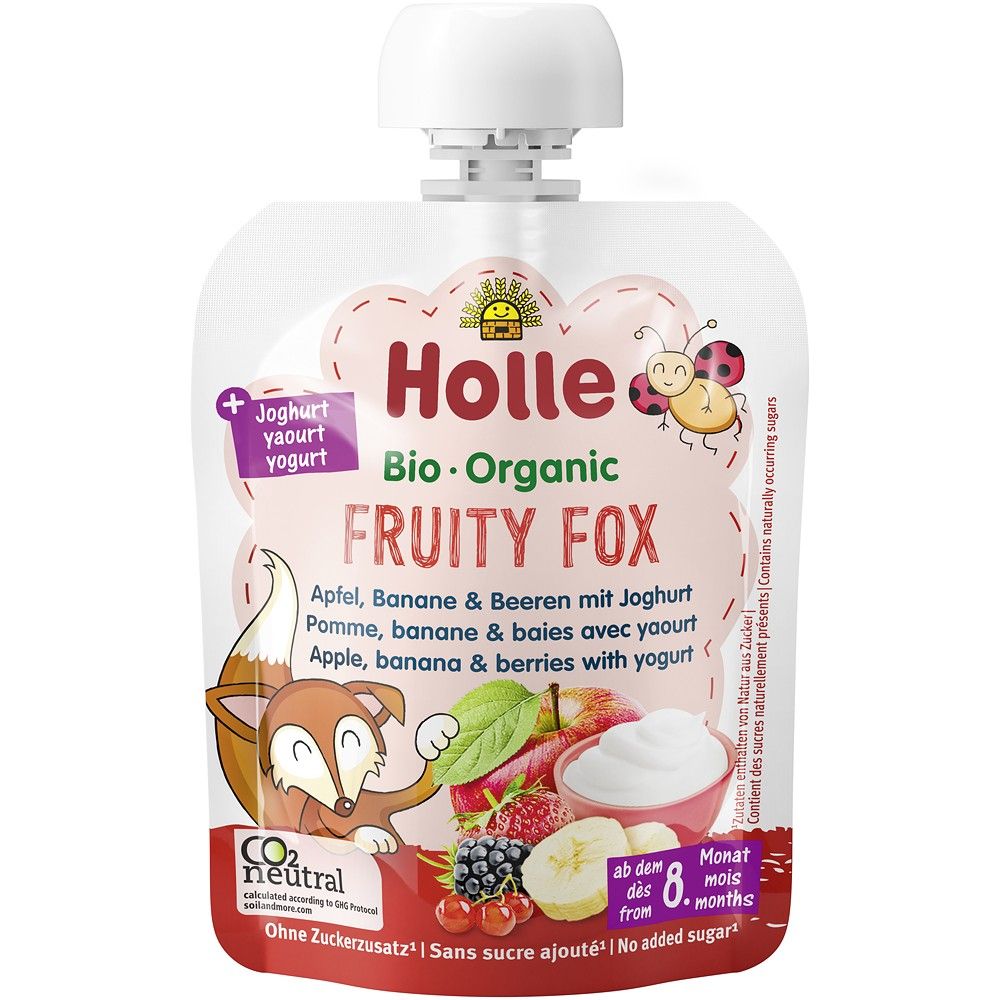 Piure de mere, banana si fructe de padure, cu iaurt pentru copii, +8 luni bio, 85g, Holle
