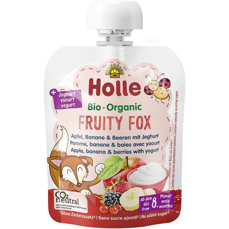 Piure de mere, banana si fructe de padure, cu iaurt pentru copii, +8 luni bio, 85g, Holle 1