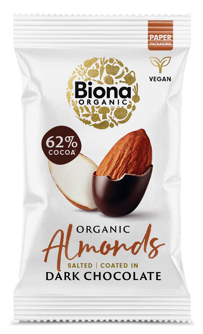 Migdale sarate invelite in ciocolata neagra, bio, 30g, Biona