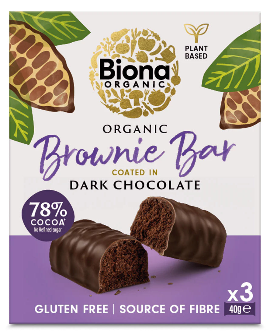 Baton brownie invelit in ciocolata neagra ,bio, 3 x 40g, Biona