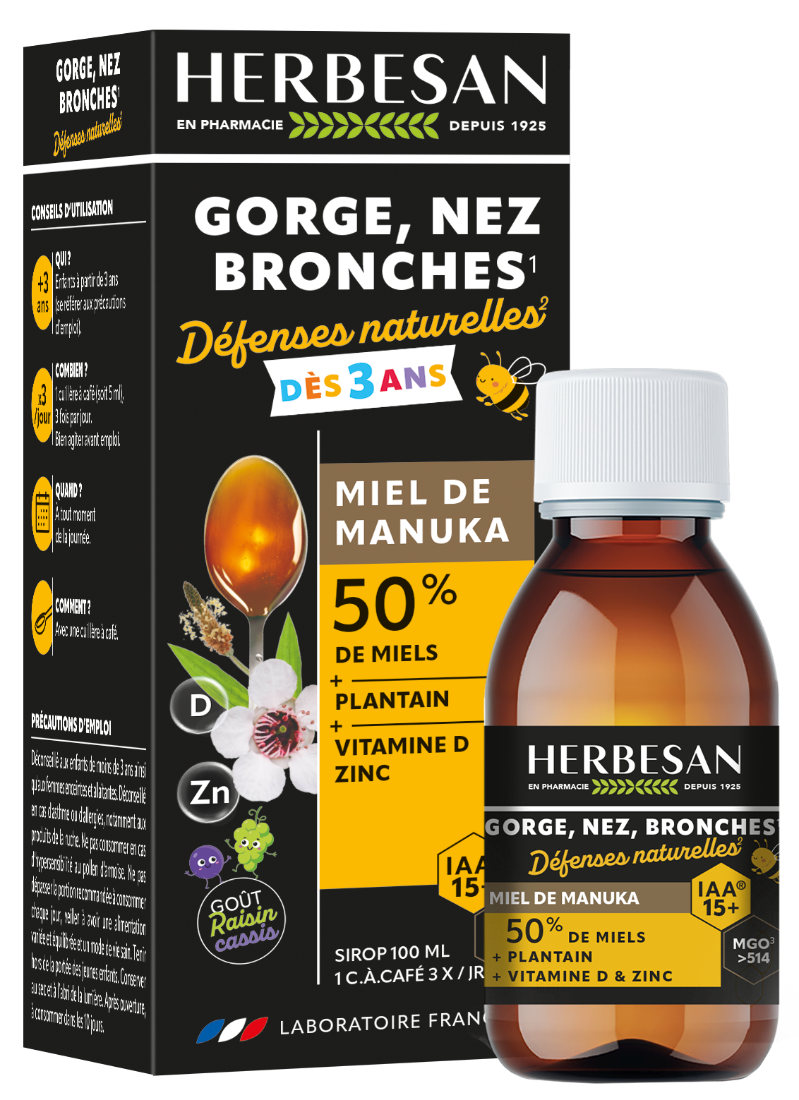 SIROP PENTRU COPII +3ANI, GAT- BRONHII,  CU MIERE DE MANUKA IAA15+ (MGO 514), HERBESAN, 100ml