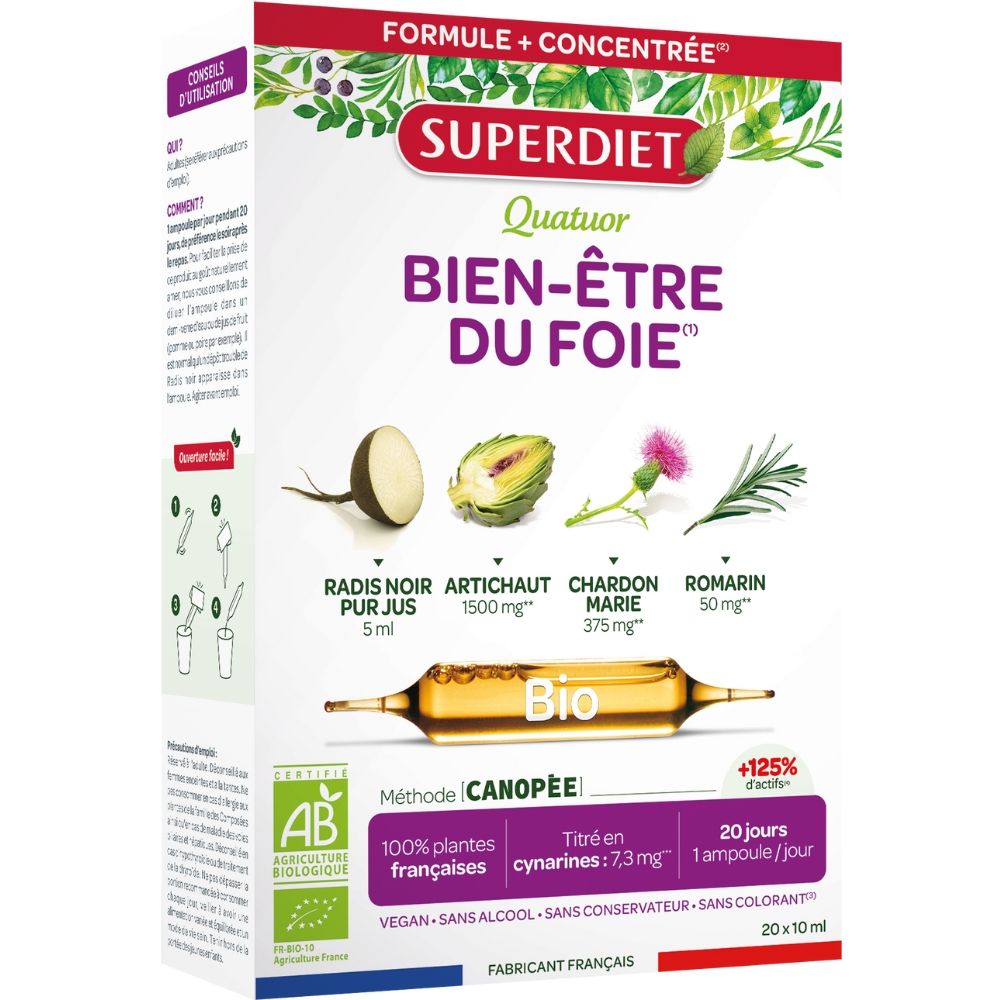SUPERDIET 4 plante pentru ficat, 20 fiole x 10ml, bio, ingrediente naturale, ambalaj alb, text colorat.