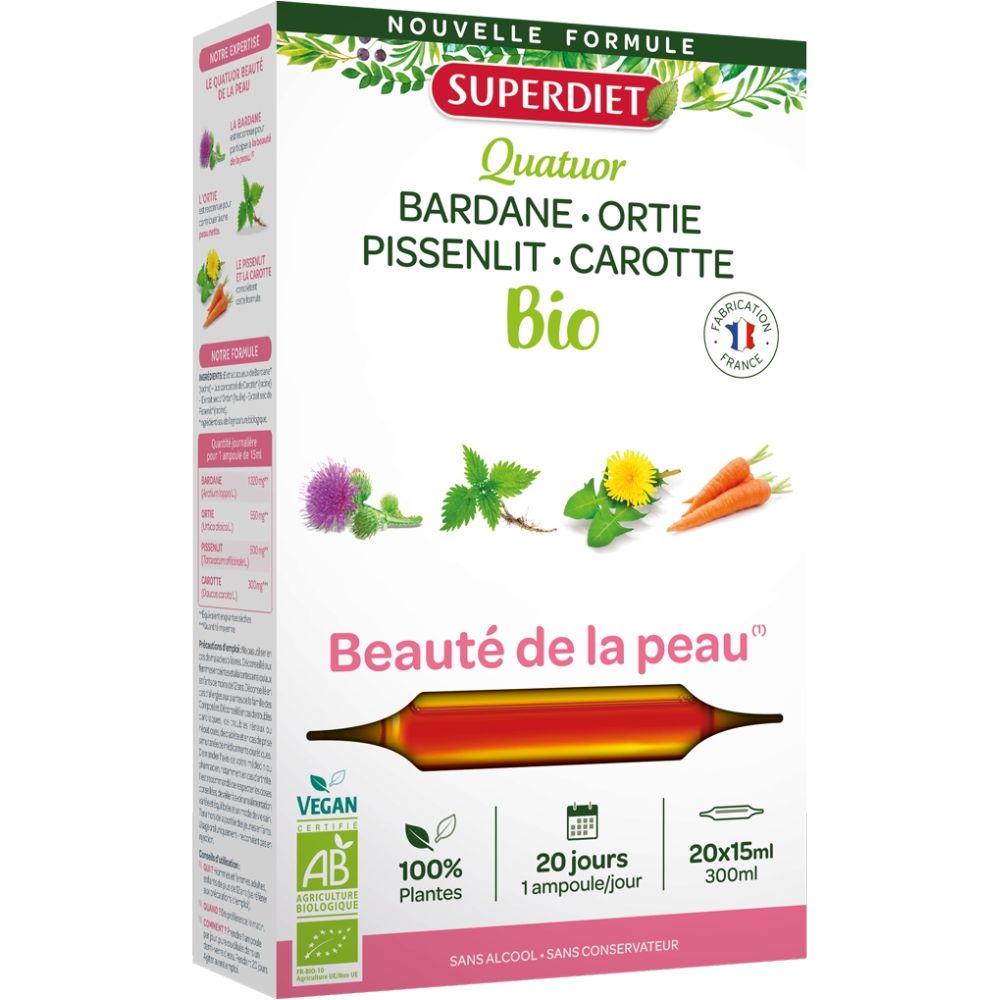 4 PLANTE PENTRU SANATATEA PIELII BIO, 20 fiole din sticla x 15ml, SUPERDIET, cutie design vegetal.