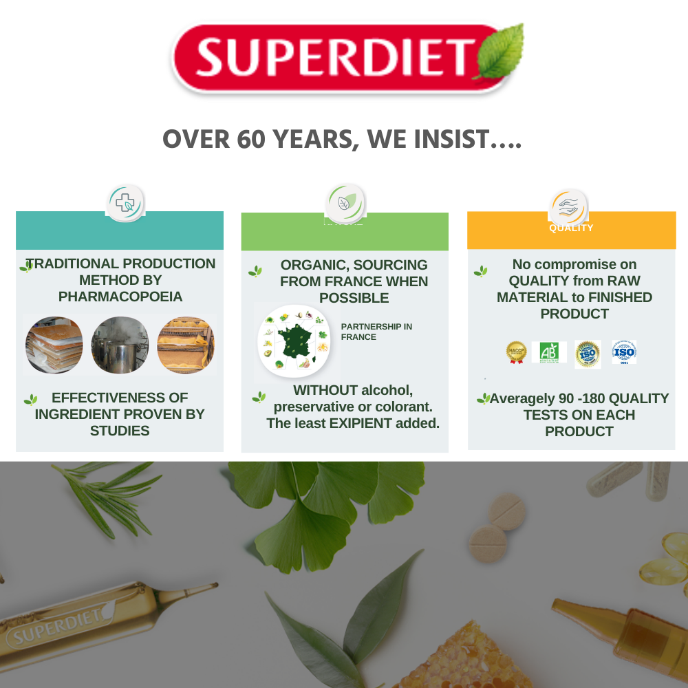 Fiolă Superdiet pentru sănătatea pielii, fără alcool, organic, cu frunze verzi și textură auriu-maro.