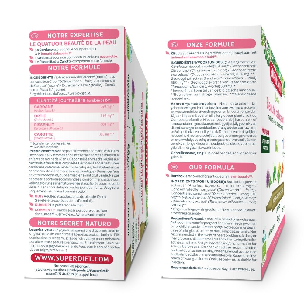 4 PLANTE PENTRU SANATATEA PIELII BIO, 20 FIOLE DIN PP x 15ml, SUPERDIET UNIDOZE din PP reciclabile pe