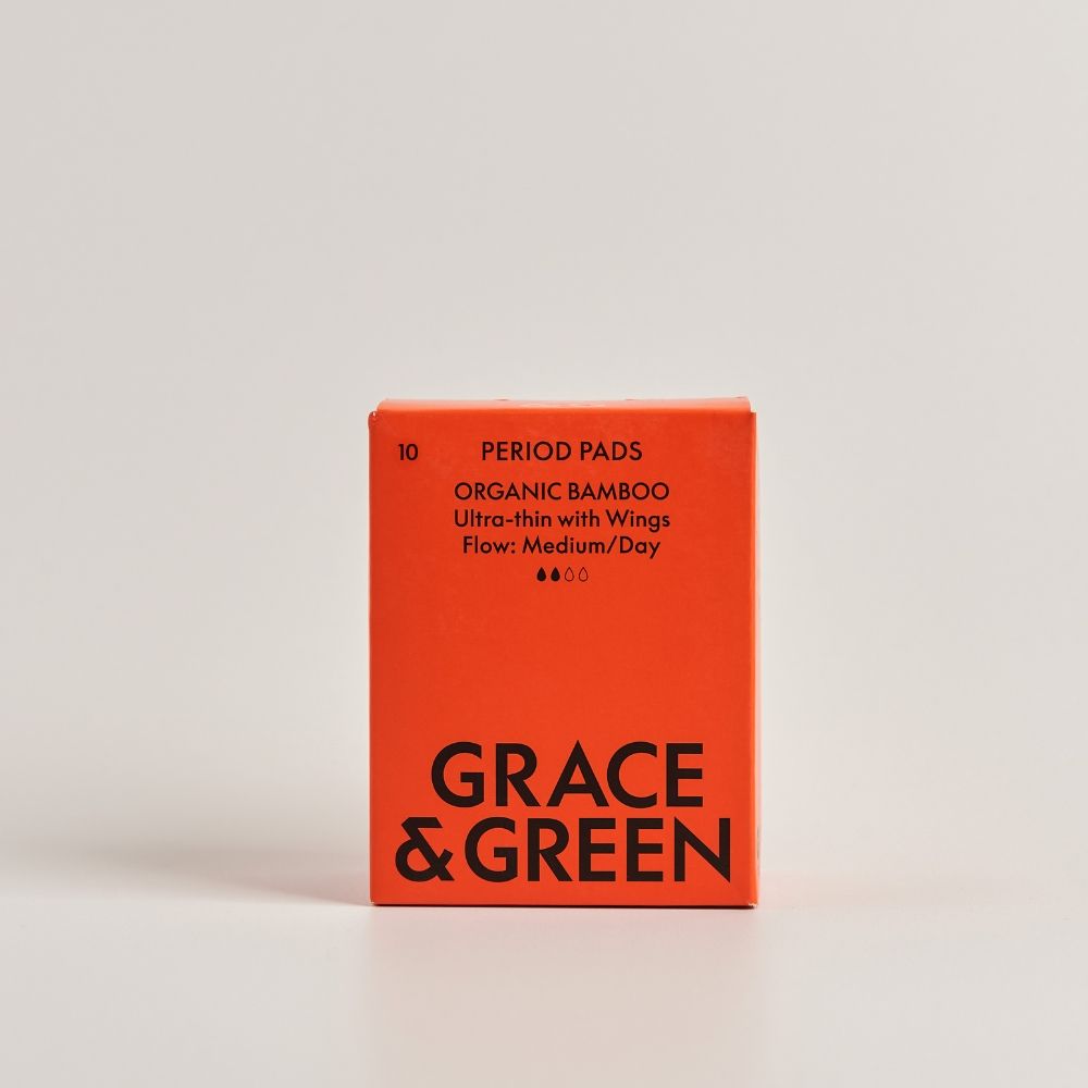 Cutie roșie Grace and Green pentru absorbante din bambus organic, 10 bucăți, text negru.