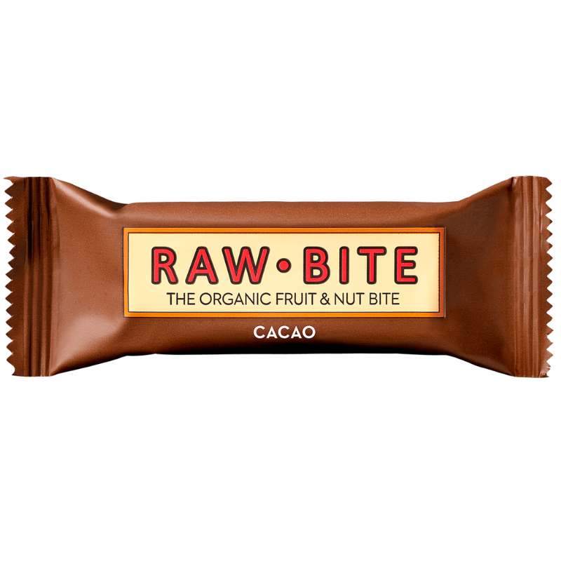 Baton Raw Bite cacao bio, fără gluten, vegan, ambalaj maro.