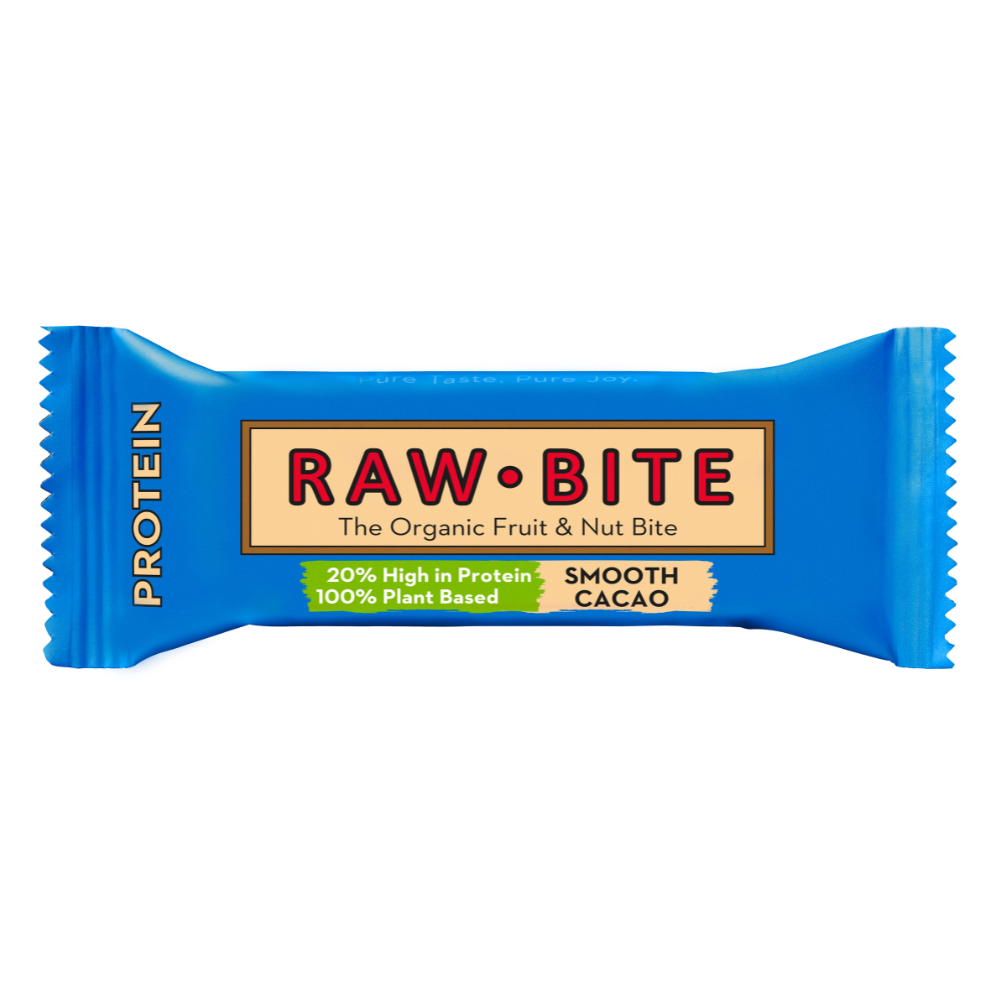 Baton proteic Raw Bite, cacao fină, ambalaj albastru, bio, vegan, fără gluten, 45g.