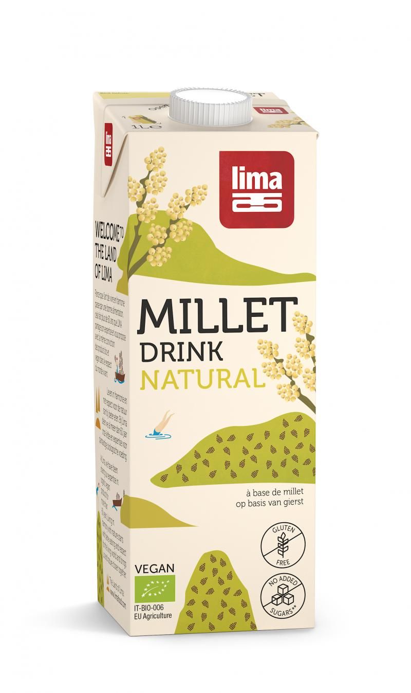 Băutură vegetală mei eco Lima 1L, ambalaj carton crem cu logo roșu și sigle vegan, fără gluten.