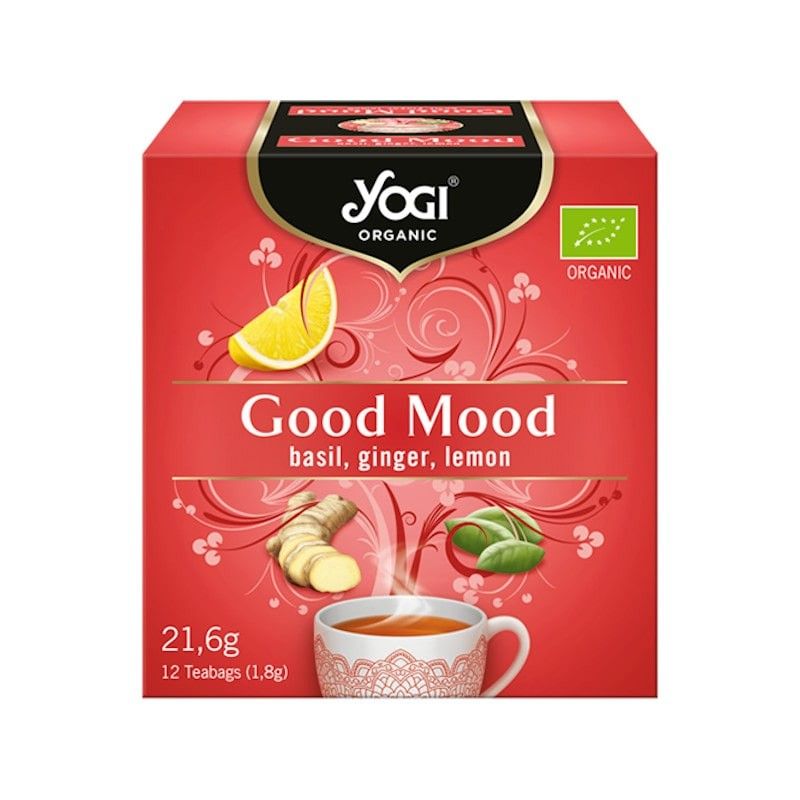 Cutie roșie ceai Yogi Good Mood, busuioc, ghimbir, lămâie, organic, 12 plicuri, 21,6g.