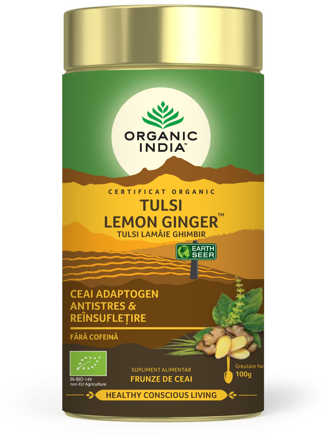 Ceai Tulsi cu Lămâie și Ghimbir, cutie verde și aurie, 100g, antistres, adaptogen.