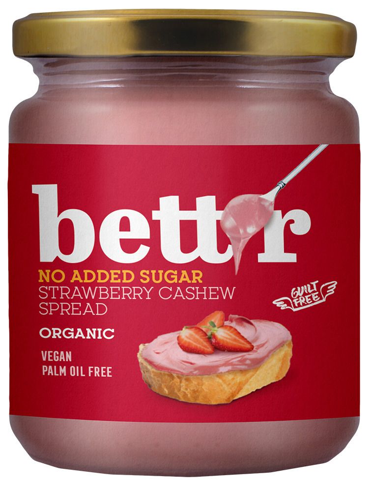 Borcan cremă tartinabilă de caju și căpșuni Bettr bio, capac auriu.