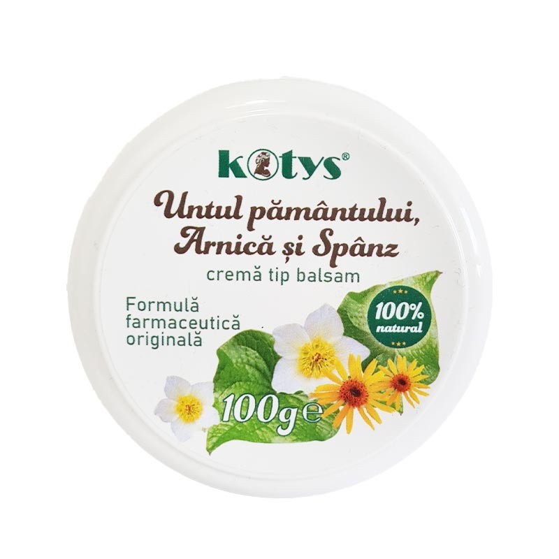 Crema balsam Untul Pamantului, Arnica si Spanz, 100g, ambalaj alb cu flori și sigla Kotys.