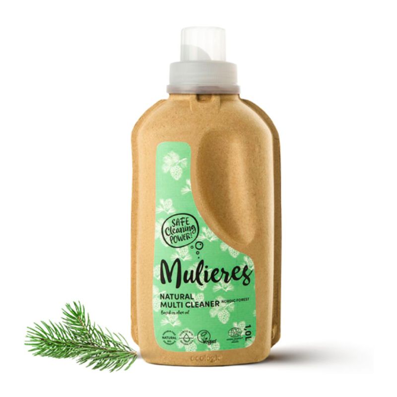 Detergent concentrat multi cleaner Mulieres 1L, sticlă plastic maro, etichetă verde, parfum Nordic Forest.