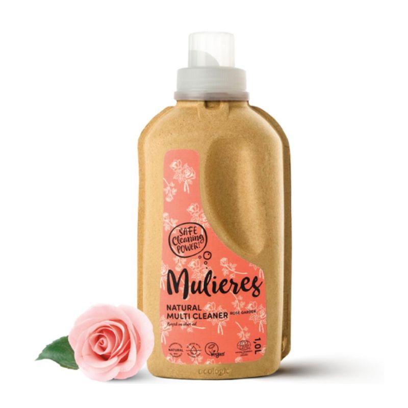 Detergent concentrat Mulieres Rose Garden 1L, flacon reciclabil, etichetă roz.