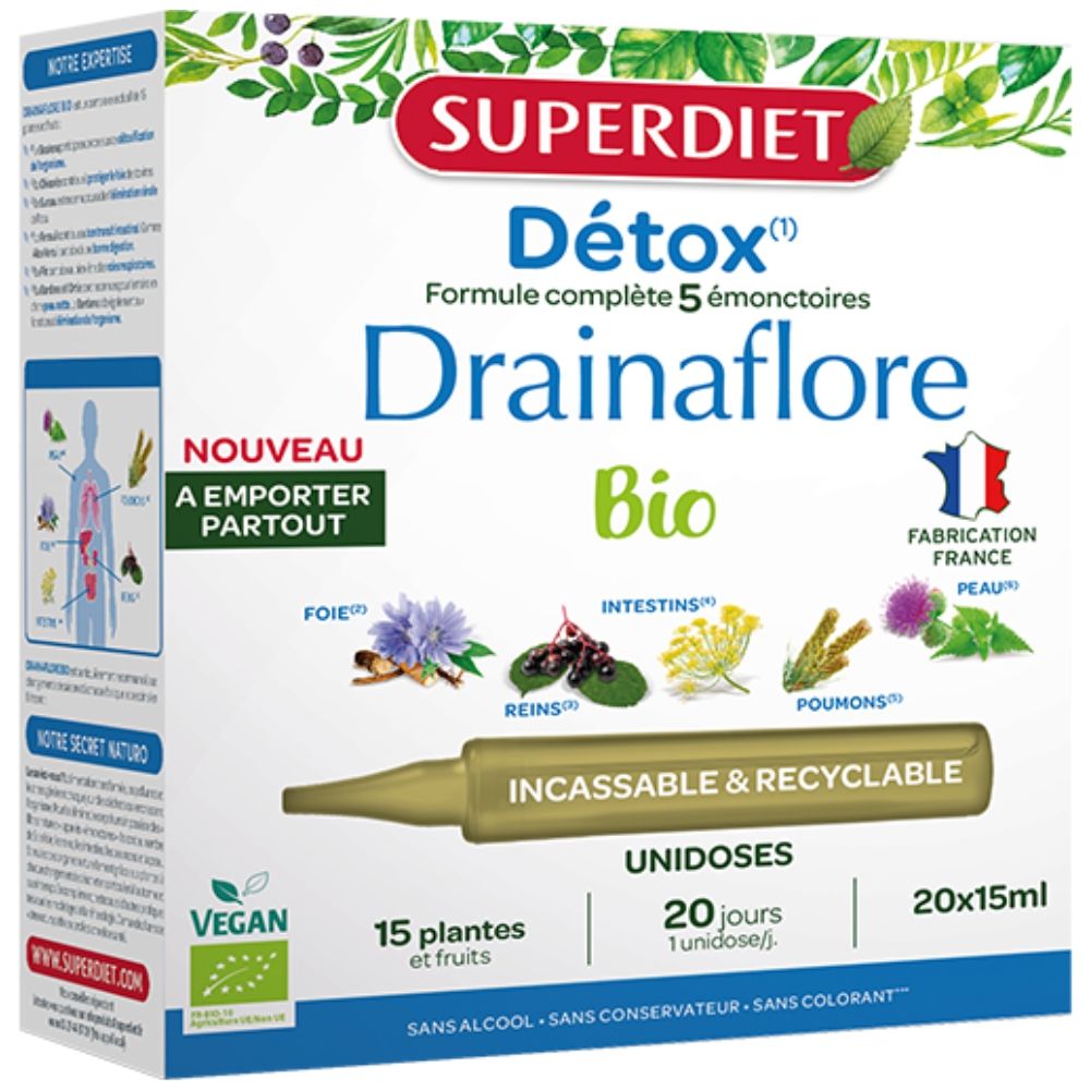 DRAINAFLORE DETOXIFIERE BIO, 20 fiole din PP x 15ml, SUPERDIET UNIDOZE din PP reciclabile pe