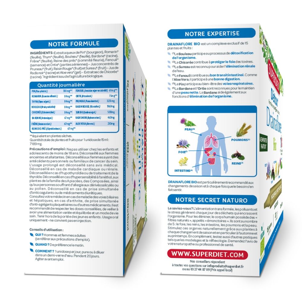 DRAINAFLORE DETOXIFIERE BIO, 20 fiole din PP x 15ml, SUPERDIET UNIDOZE din PP reciclabile pe