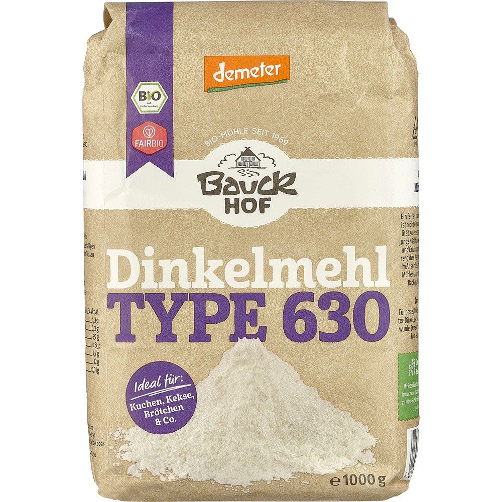 Făină bio de spelta tip 630 BauckHof, 1kg, ambalaj maro, etichetă Demeter.