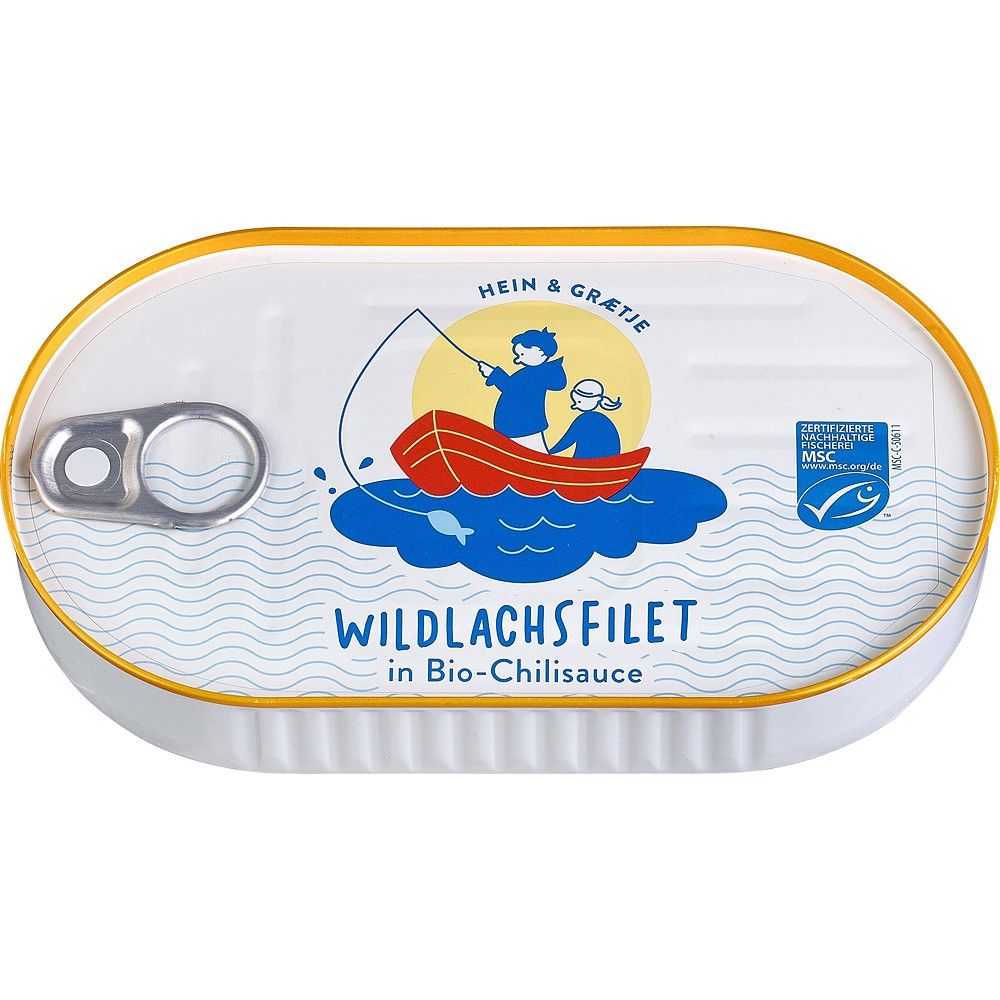 Conservă albă de file de somon sălbatic Hein Graetje, decor cu desene pescar.