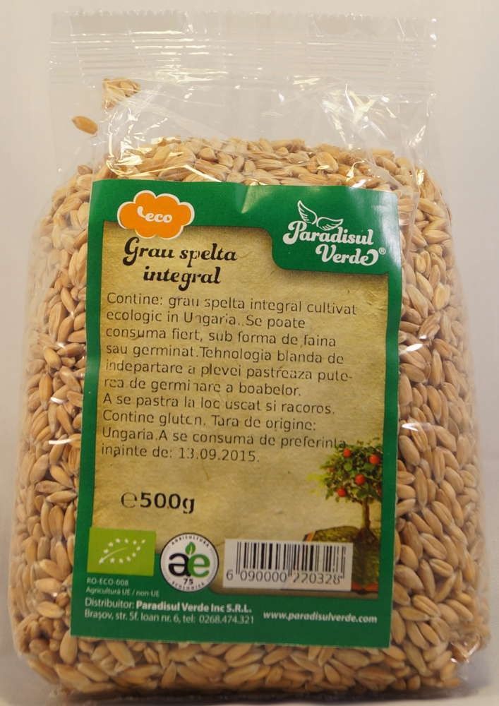Grau spelta integral eco Paradisul Verde 500g, ambalaj transparent, etichetat verde.
