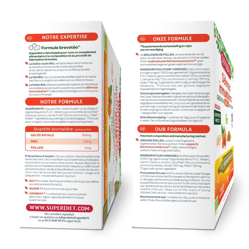 LAPTISOR DE MATCA - GELEE ROYALE 3000 mg BIO - 20 fiole din PP x 15ml, SUPERDIET UNIDOZE din PP reciclabile pe