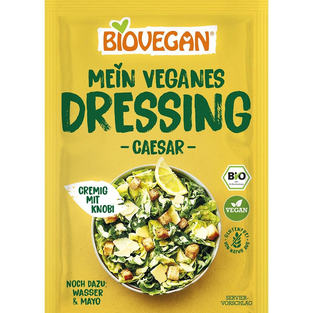 Mix dressing bio vegan Caesar fără gluten Biovegan, 15g, în ambalaj galben, cu logo-uri ecologice.