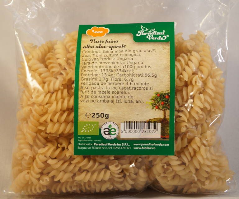 Paste spirale din făină albă de alac, 250g, ambalaj transparent cu etichetă verde.